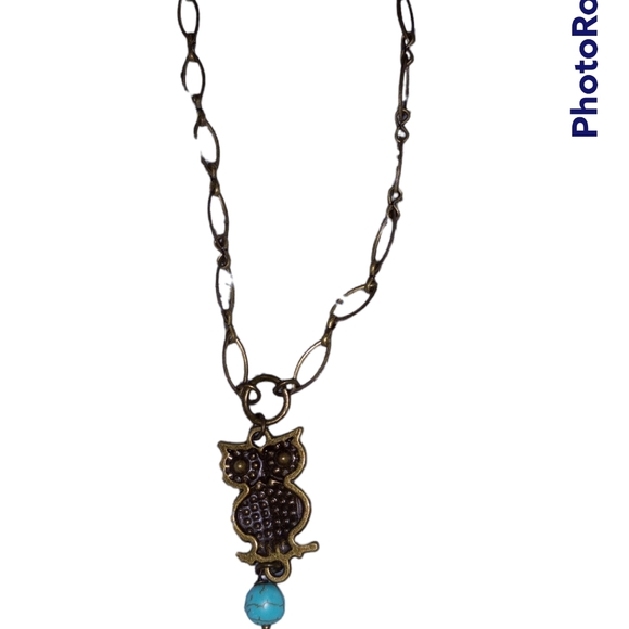 Vintage Bronze Owl Necklace With Clear Rhinestones And Faux Turquoise - Picture 4 of 5